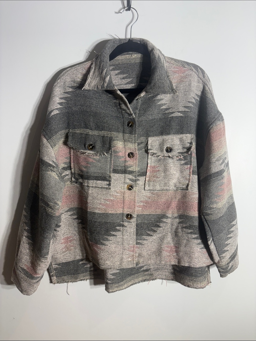 Woven Aztec Shacket Jacket in Gray & Pink